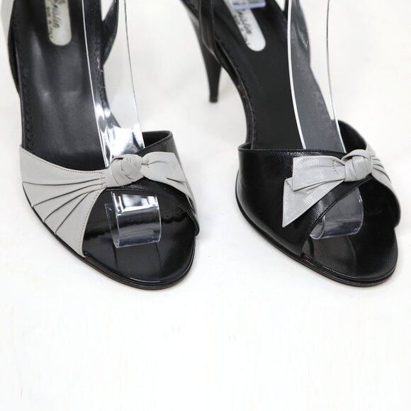 Vintage Cristin Leather Black Grey Two-Tone Ankle Strap Peep-Toe Sandals Pumps - Picture 12 of 14